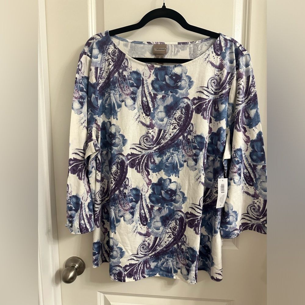 Chico’s Grommet Sleeves Tee Top SZ 4 Boat Neck 3/4 Sleeve Multi Print Color